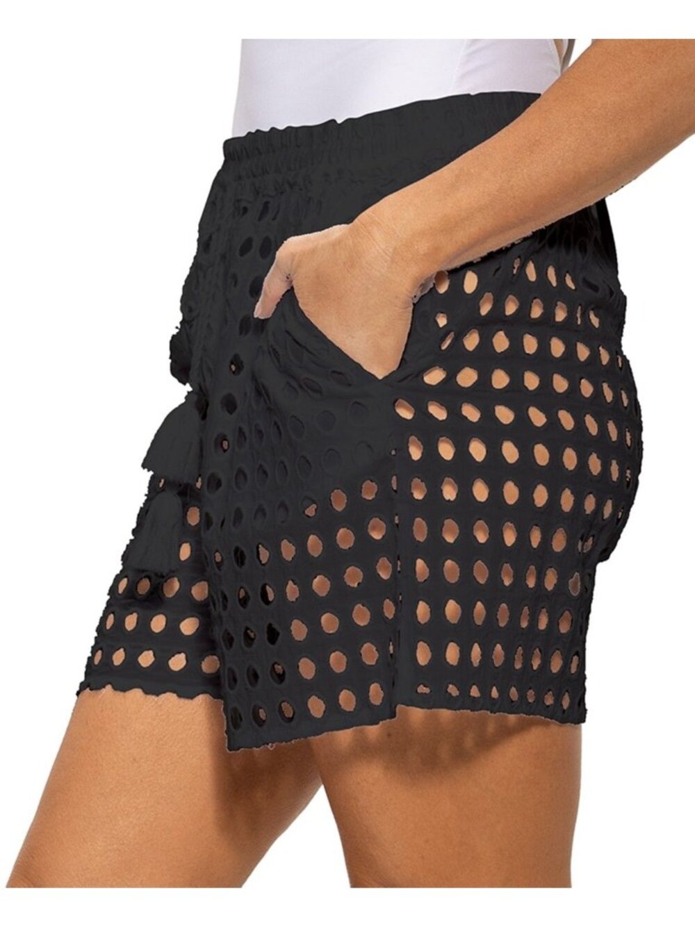 Dotti Women's Cotton Openwork Dot Drawstring-Waist Cover-up Shorts, Black - Picture 4 of 12